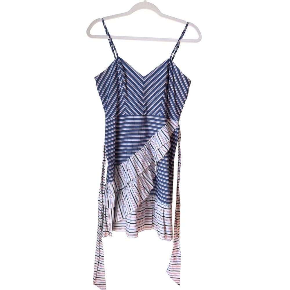 Parker Brooklyn Ruffle Mini Dress Blue Pink Stripe Belt Spaghetti Strap Size 4 - Picture 5 of 16